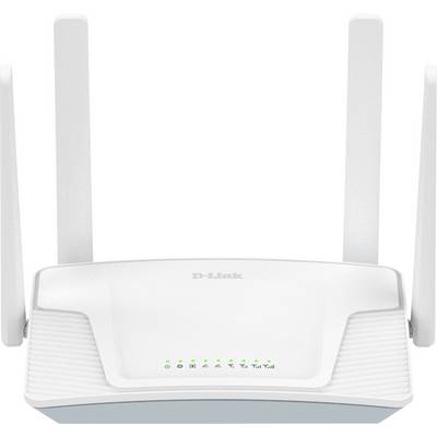 Ein weißer D-Link WLAN-Router mit vier nach oben gerichteten Antennen. Das Frontpanel zeigt Kontrollleuchten für Stromversorgung und Verbindungen.
