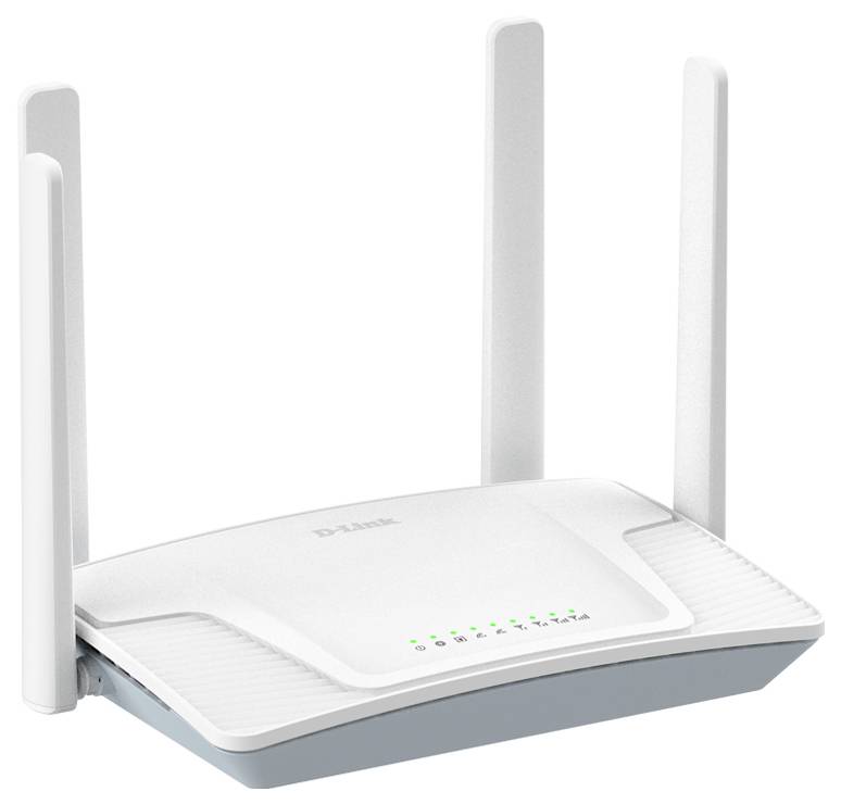 Ein weißer WLAN-Router mit vier Antennen, LED-Statusanzeigen und 'D-Link'-Branding, entwickelt zur Verbesserung der drahtlosen Internetverbindung.