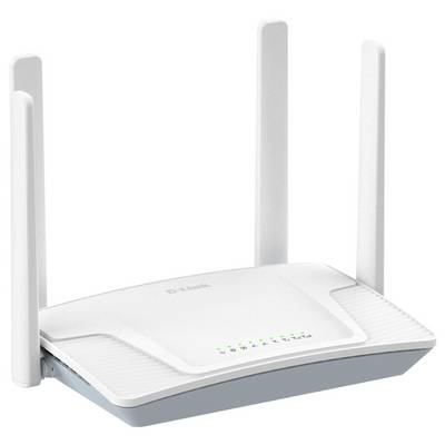 Ein weißer WLAN-Router mit vier Antennen, LED-Statusanzeigen und 'D-Link'-Branding, entwickelt zur Verbesserung der drahtlosen Internetverbindung.