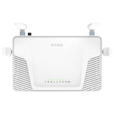 Ein weißer D-Link Router mit zwei Antennen und LED-Anzeigen auf der Vorderseite, die den Verbindungsstatus anzeigen.