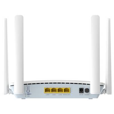Ein weißer drahtloser Router mit vier aufrechten Antennen und vier gelben LAN-Anschlüssen auf der Rückseite, versehen mit Strom- und Reset-Tasten.