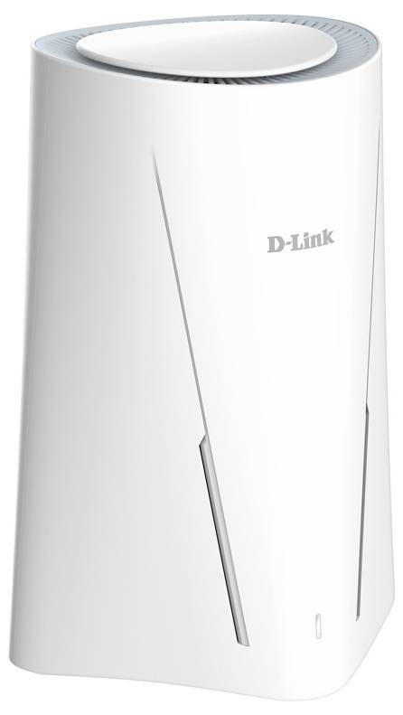 Weißer D-Link-WLAN-Router mit elegantem Design und vertikaler Ausrichtung.