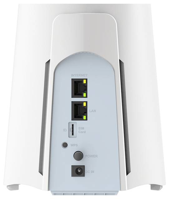 Das Bild zeigt die Rückseite eines weißen Routers mit Anschlüssen, die als "Internet" und "LAN" beschriftet sind, einem SIM-Kartensteckplatz, WPS-Taste, Einschaltknopf und Gleichstrom-Eingang.