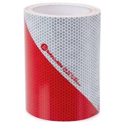 Eine Rolle mit rotem und grauem reflektierendem Klebeband mit Sechseckmuster, auf dem im roten Abschnitt der Text "Reflexite" und ein Logo zu sehen sind.
