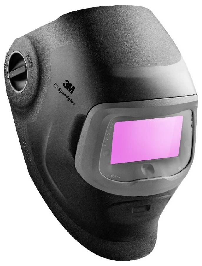 Schwarzer Schweißhelm mit einem rosa getönten Visier, entwickelt zum Schutz von Augen und Gesicht während Schweißarbeiten.