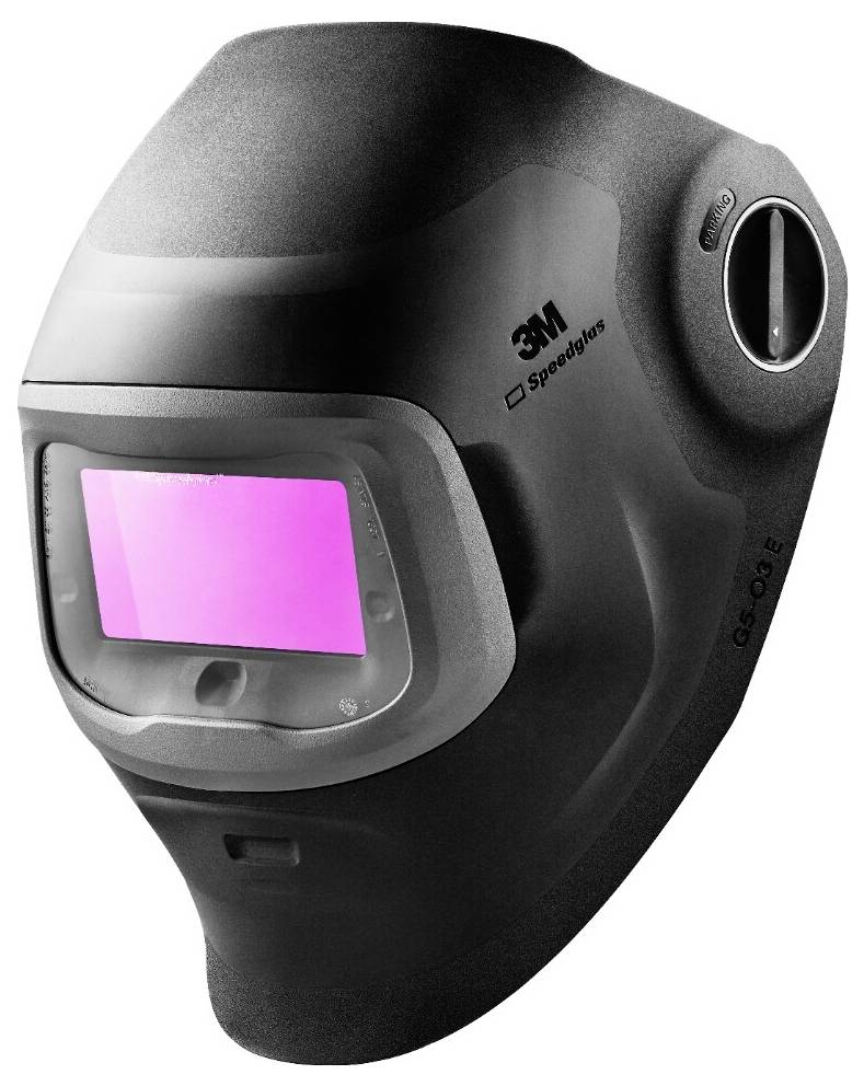 Ein schwarzer Schweißhelm mit einer rosa getönten Linse, versehen mit dem Logo '3M Speedglas', entwickelt zum Schutz von Gesicht und Augen des Schweißers.