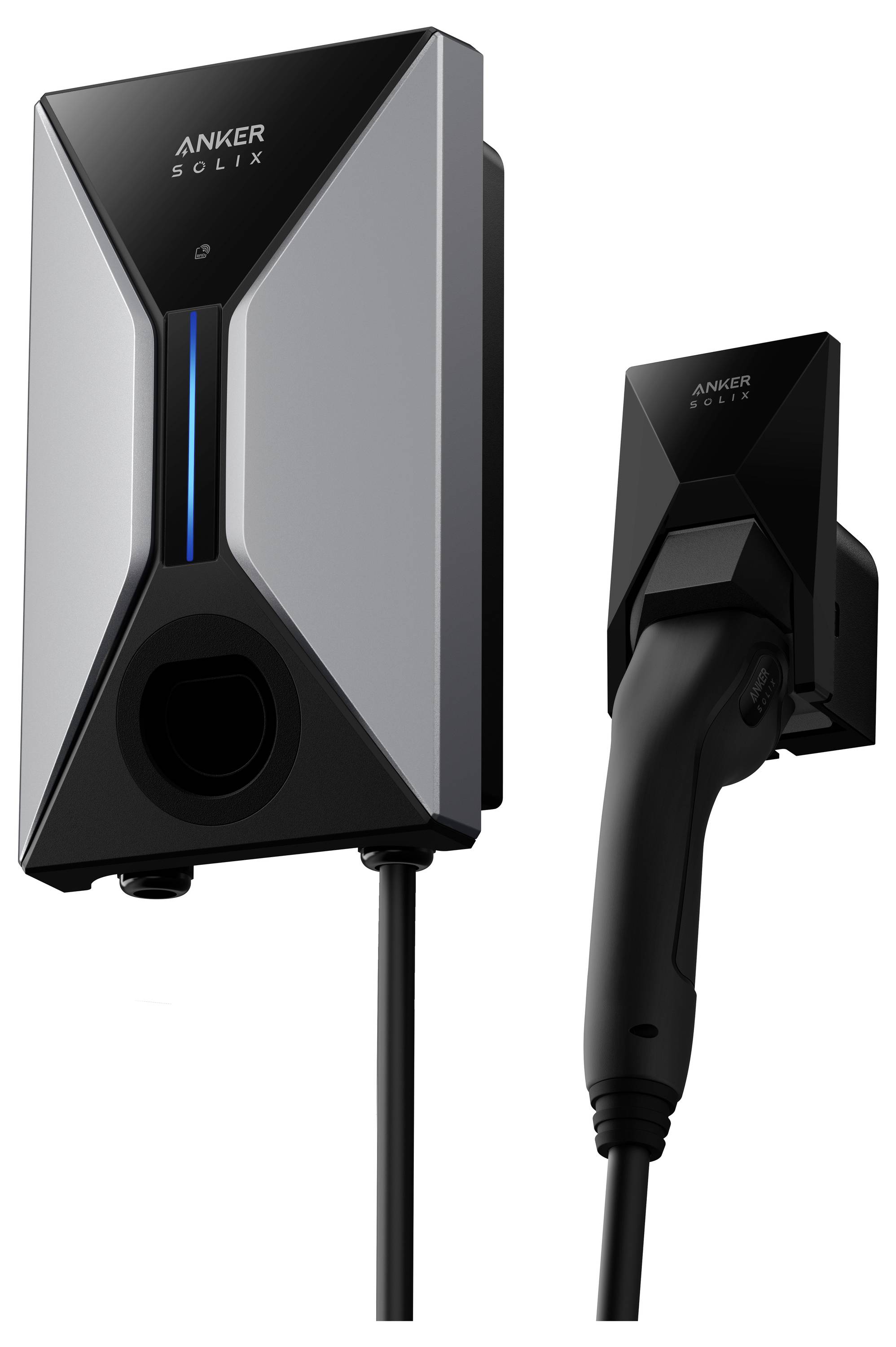 Ladegerät 'Anker Solix EV' zeigt eine wandmontierte Ladeeinheit mit angeschlossenem Stecker. Das Ladegerät hat ein schlankes, modernes Design.