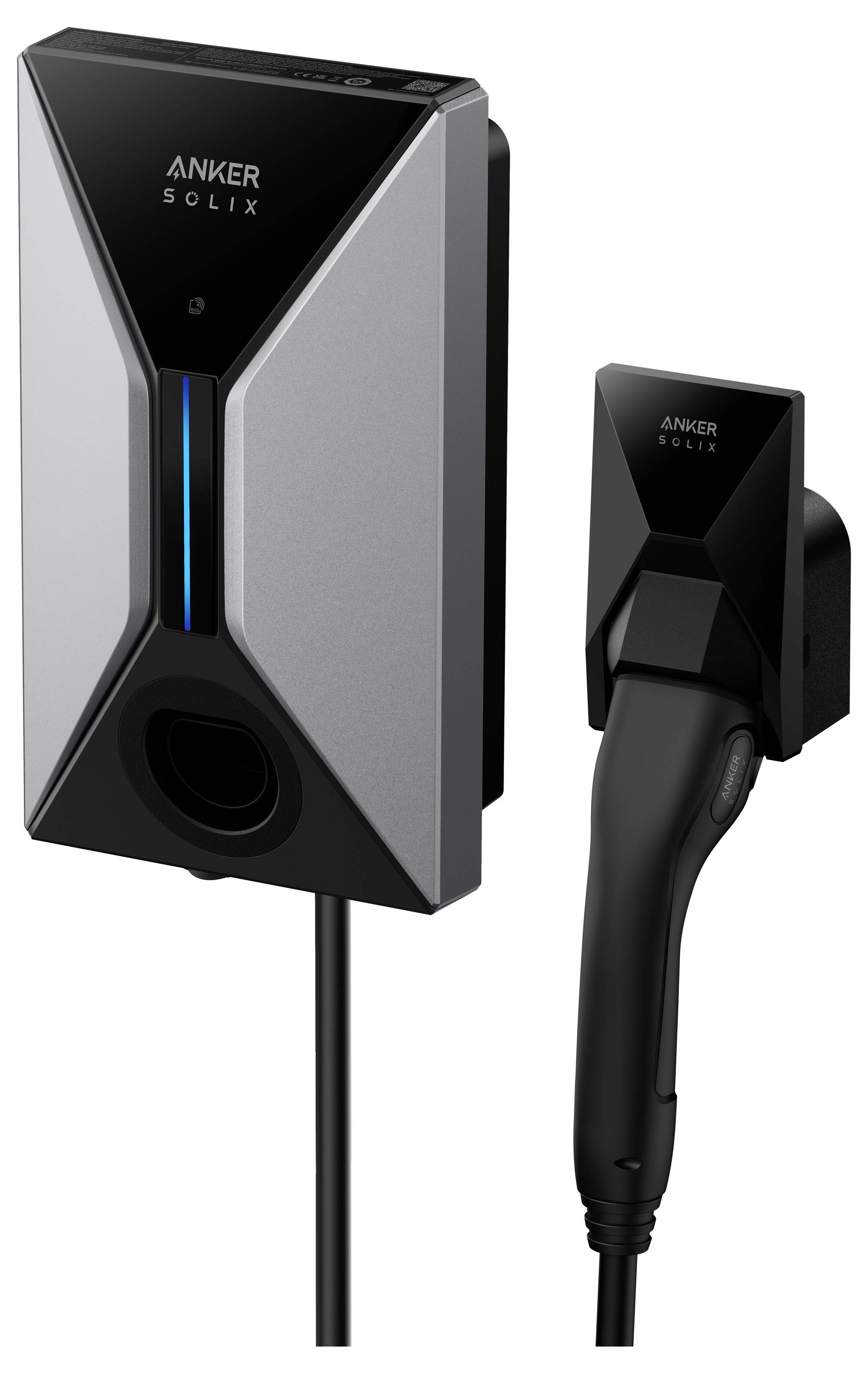 "Anker Solix" Elektrofahrzeug-Wandladestation mit elegantem Design, ausgestattet mit einer schwarzen und silbernen Oberfläche und einem angeschlossenen Ladekabel.