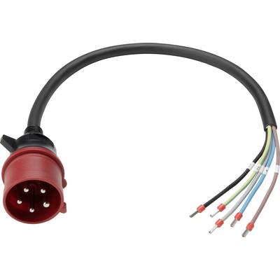 Ein roter industrieller Stecker mit einem schwarzen Kabel, der fünf freiliegende mehrfarbige Drähte zeigt, der eine elektrische Anschlusseinrichtung darstellt.