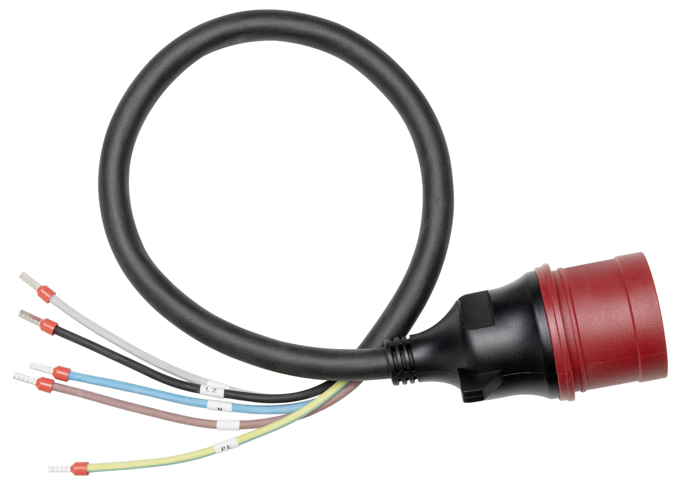 Ein schwarzes Elektrokabel mit einem roten Stecker und sieben bunten freigelegten Drähten am gegenüberliegenden Ende.