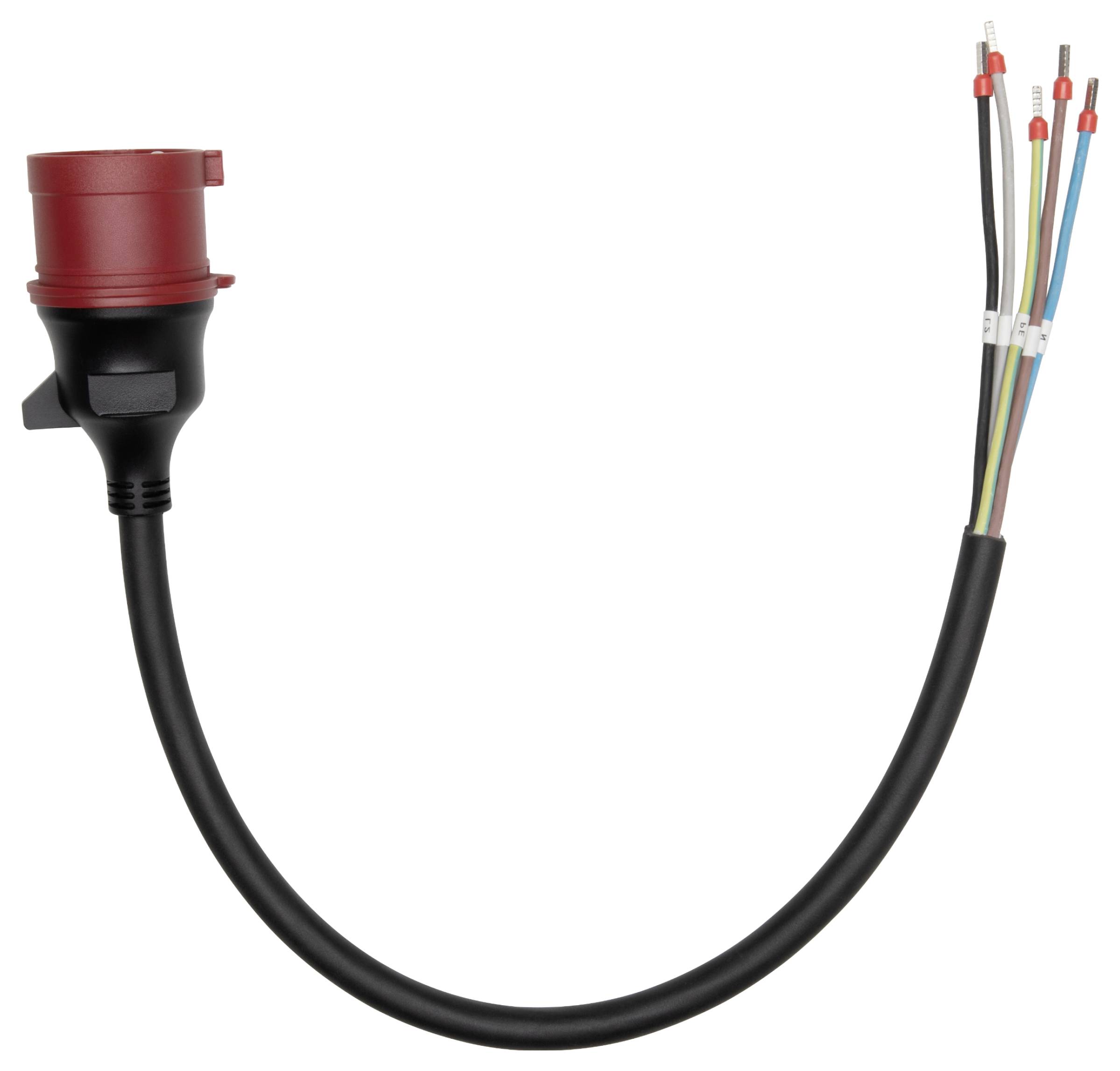 Ein schwarzes Netzkabel mit einem roten Steckerkopf teilt sich in fünf verschiedenfarbige Leitungen: schwarz, blau, braun, rot und gelb-grün.