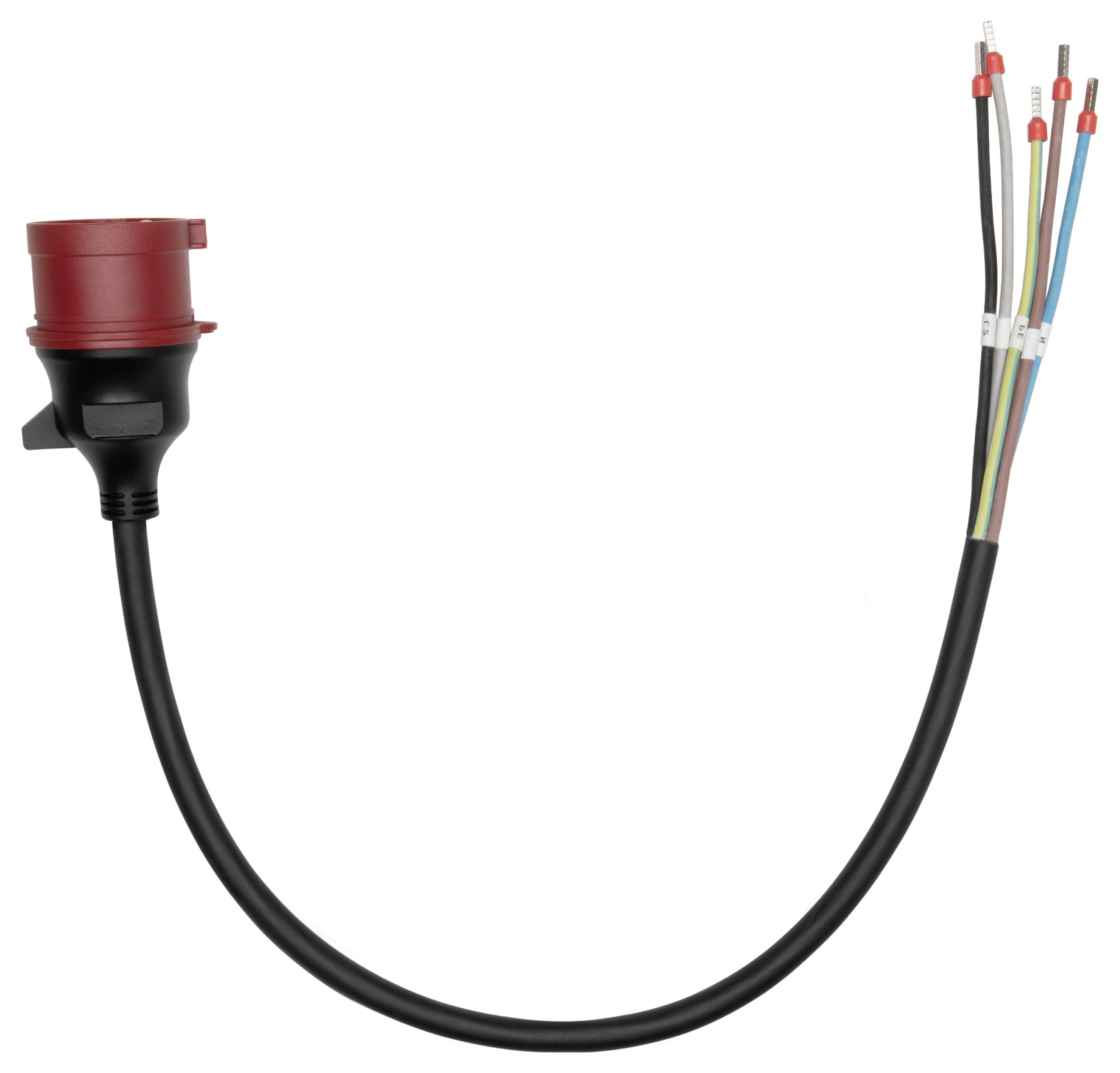 Ein Ladekabel mit einem roten Netzstecker an einem Ende und sechs freigelegten Drähten am anderen Ende, das für elektrische Verbindungen verwendet wird.