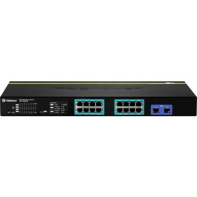 Ein schwarzer und türkisfarbener Netzwerk-Switch mit 12 Ethernet-Ports und 2 Glasfaser-Ports. Markenname auf der linken Seite und LED-Anzeigen.