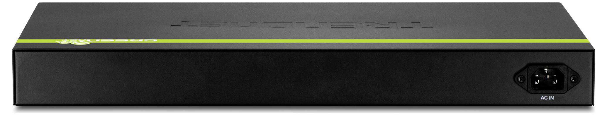 Ein schwarzes Netzwerkhardware-Gerät mit grünem Streifen, mit der Aufschrift "NETGEAR", mit einem AC IN-Anschluss auf der rechten Seite.