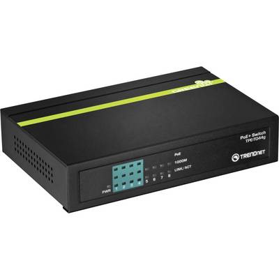 Ein schwarzer TRENDnet PoE-Switch, Modell TPE-TG44g, mit Indikatorleuchten und 'GreenNet'-Branding, verwendet für Netzwerkverbindungen.