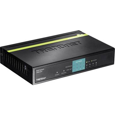 Ein schwarzer TRENDnet PoE-Switch mit der Bezeichnung 'TPE-S44' mit Anzeigenleuchten und Portbezeichnungen auf dem Frontpanel für Netzwerkverbindungen.