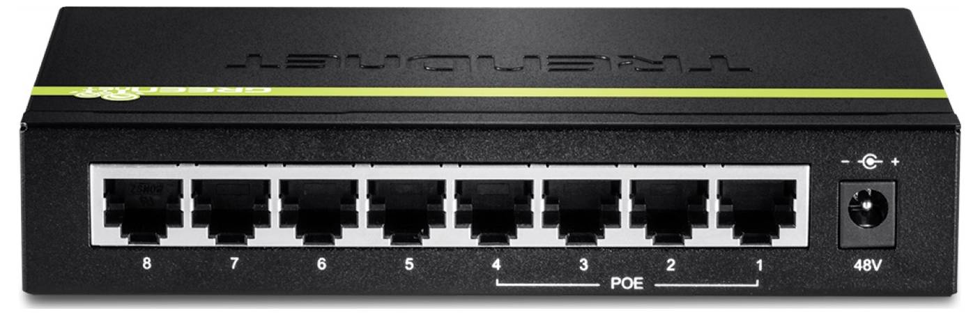 8-Port-Netzwerk-Switch mit Power over Ethernet, in einem schwarzen rechteckigen Gehäuse mit auf dem Frontpanel beschrifteten Ports von 1 bis 8.