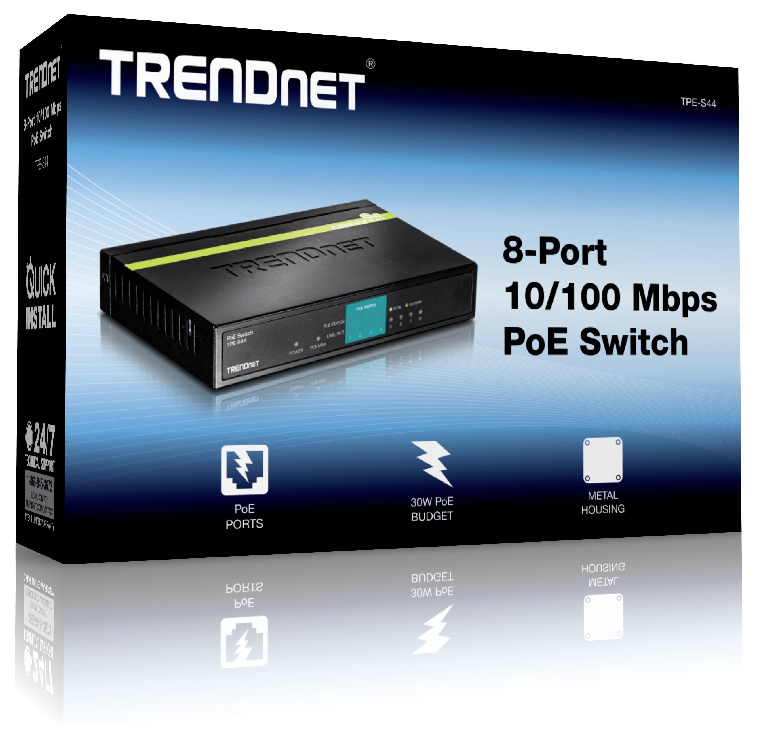 Das Bild zeigt die Verpackung eines TRENDnet 8-Port 10/100 Mbps PoE Switches, wobei PoE-Ports, ein 30-Watt-Leistungsbudget und ein Metallgehäuse hervorgehoben werden.
