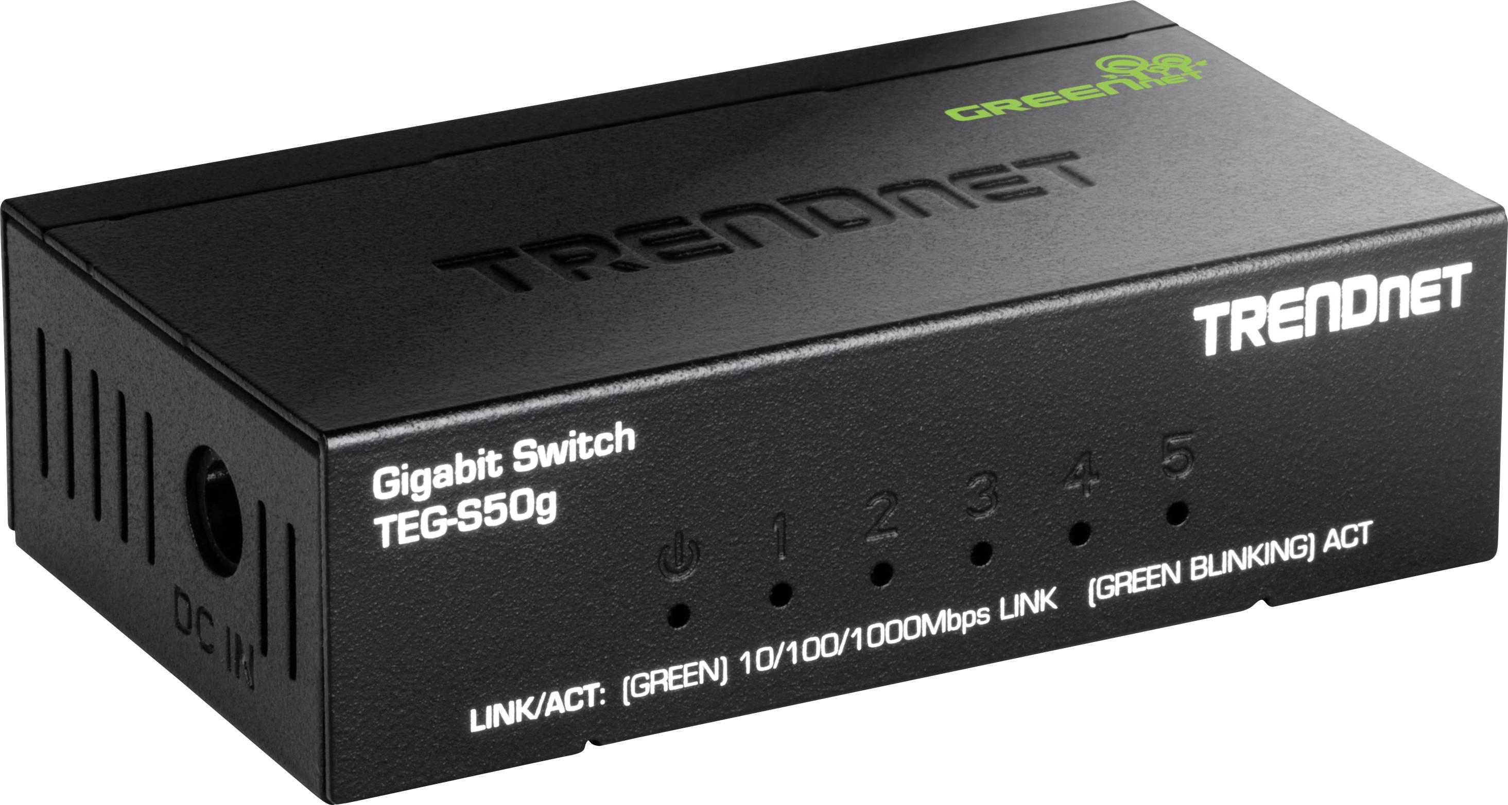 Ein schwarzer TRENDnet Gigabit Switch Modell TEG-S50g mit fünf Anschlüssen, LED-Anzeigen und in Grün beschrifteten 'LINK/ACT' Status.