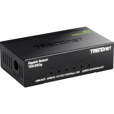 Ein schwarzer TRENDnet Gigabit Switch Modell TEG-S50g mit fünf Anschlüssen, LED-Anzeigen und in Grün beschrifteten 'LINK/ACT' Status.