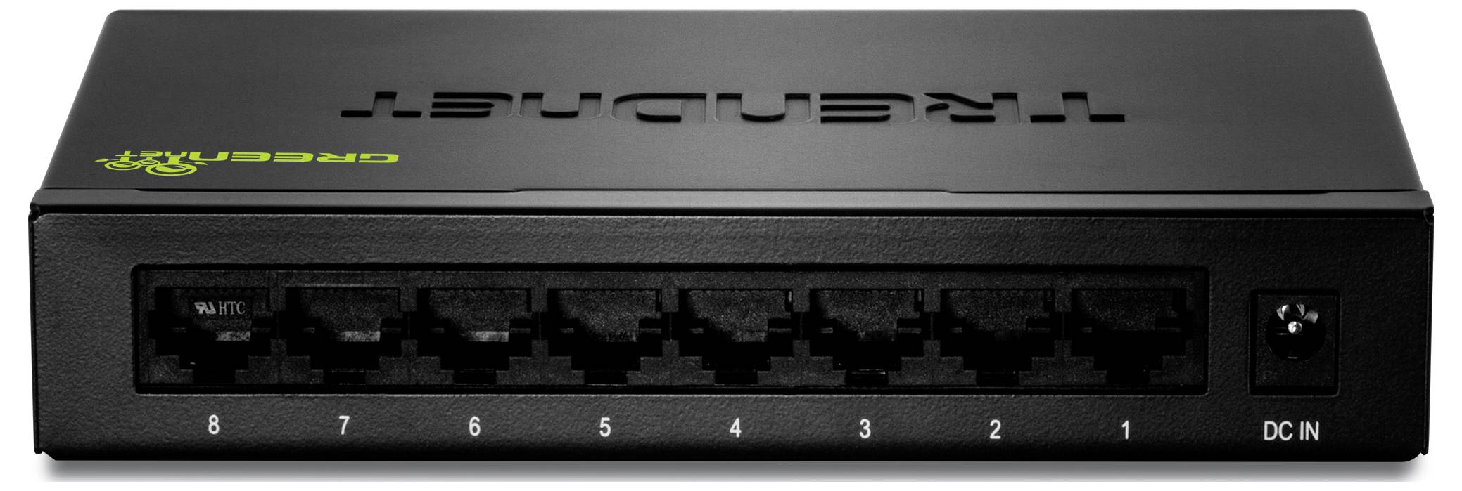 Ein schwarzer Netzwerk-Switch mit acht Ethernet-Ports, von 1 bis 8 beschriftet, und einem Stromanschluss. Markenname 'Trendnet' auf der Oberseite.