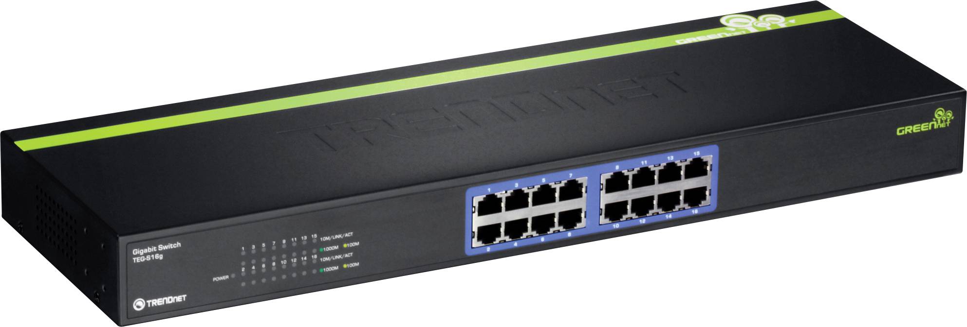 Netzwerk-Switch mit 16 Ethernet-Ports, Marke Trendnet, schwarz mit grünen Akzenten, entwickelt zum Verbinden mehrerer Geräte in einem Netzwerk.