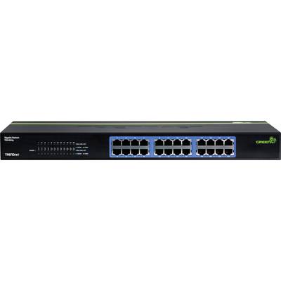 Netzwerk-Switch mit 16 Ethernet-Ports, beschriftet mit 'TRENDnet' und 'Gigabit Switch TEG-S16Dg.' Ausgestattet mit LED-Anzeigen für Konnektivität.