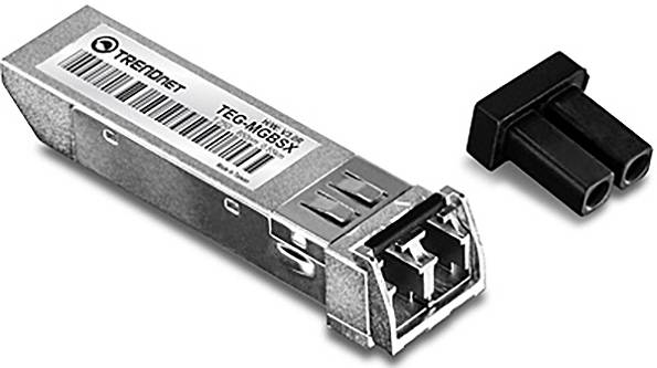 Ein Metall-Transceiver-Modul mit der Aufschrift "TRENDnet TEG-MGBSX" und eine schwarze Plastikkappe sind abgebildet.
