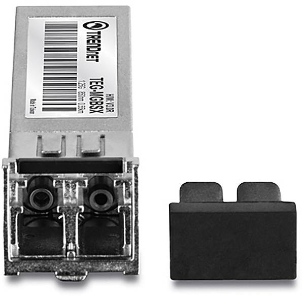 Kleiner Formfaktor-Stecker (SFP) mit Teilenummer TE-GBSX, dargestellt neben einer Schutzkappe.