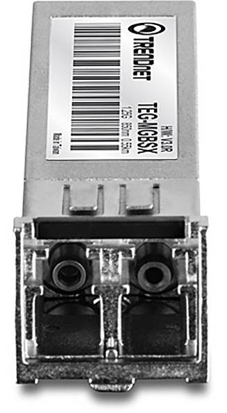 Ein silberner Glasfaser-Transceiver-Modul mit einem Barcode und der Modellnummer 'TEG-LGBSX' auf der Oberseite. Es verfügt über zwei sichtbare Anschlüsse an der Vorderseite.