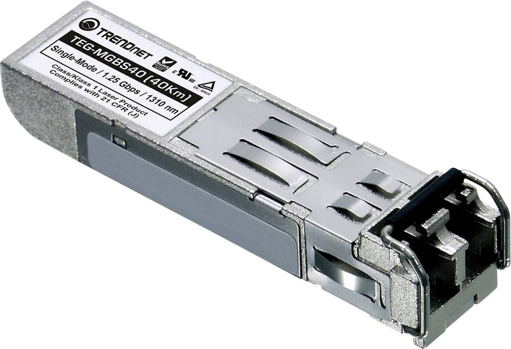 Ein TRENDnet TEG-MGBS40 Glasfasertransceivermodul, das Single-Mode unterstützt, mit einer Geschwindigkeit von 1,25 Gbps, einer Reichweite von 40 km und einem LC-Typ-Anschluss.