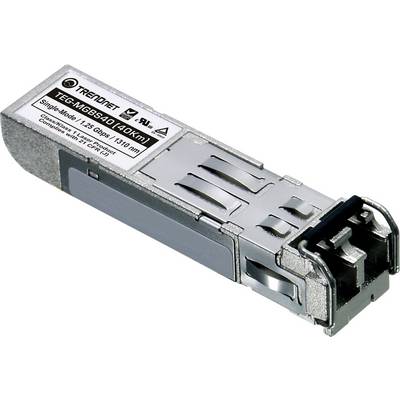Ein TRENDnet TEG-MGBS40 Glasfasertransceivermodul, das Single-Mode unterstützt, mit einer Geschwindigkeit von 1,25 Gbps, einer Reichweite von 40 km und einem LC-Typ-Anschluss.