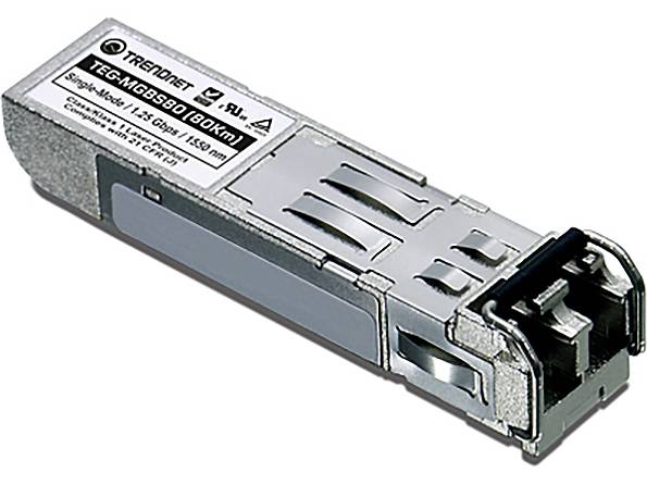 Ein silberner TRENDnet TEG-MGBS10 Glasfasermodul mit sichtbaren Details zu seinen Spezifikationen, einschließlich einer Reichweite von 10 km im Einzelmodus.