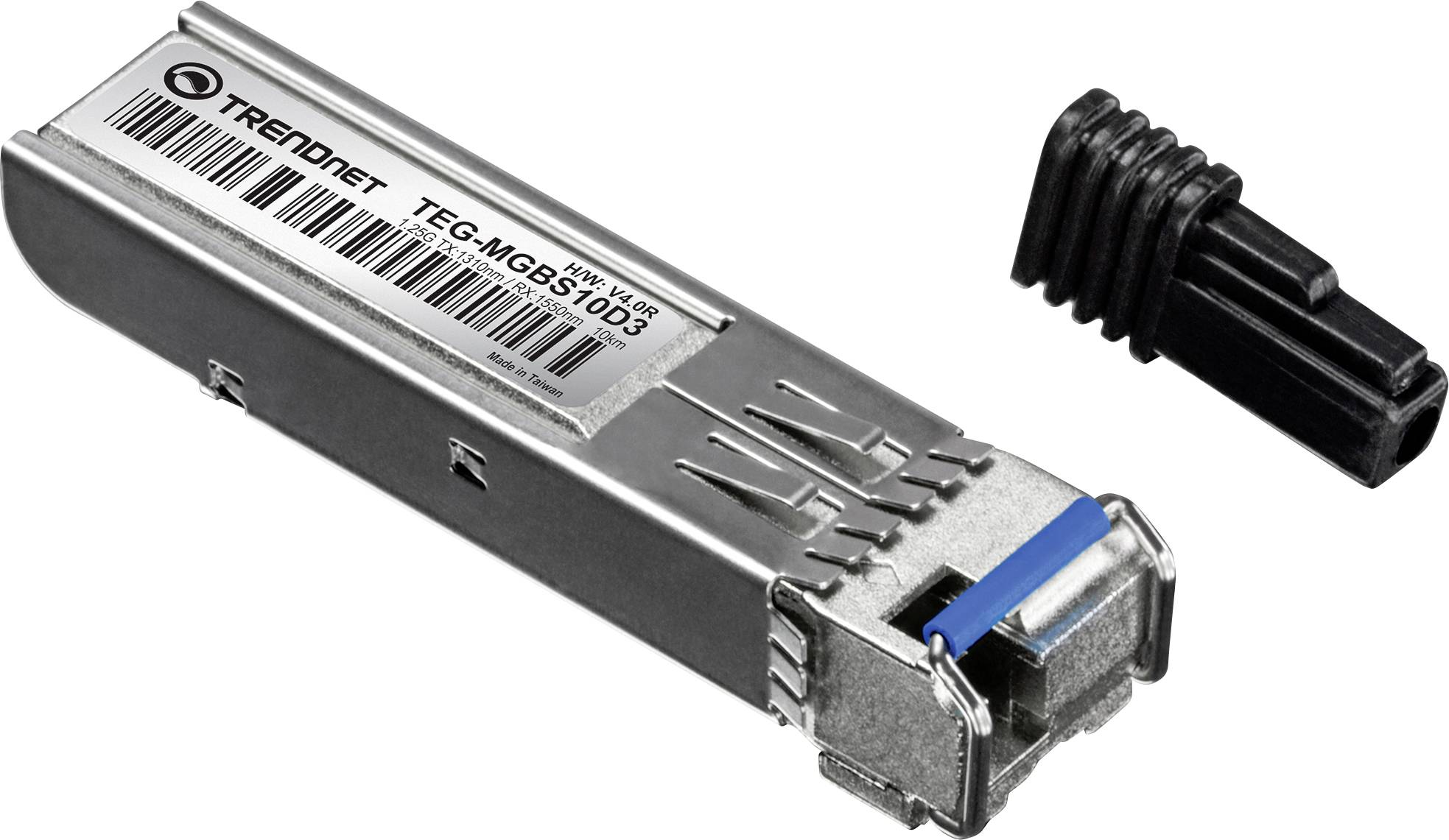 Ein silberner Netzwerktransceiver mit der Beschriftung "TRENDnet TEG-MGBS10D3" mit einer schwarzen Gummikappe daneben, der für Glasfaserverbindungen verwendet wird.