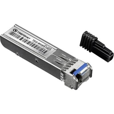 Ein silberner Netzwerktransceiver mit der Beschriftung "TRENDnet TEG-MGBS10D3" mit einer schwarzen Gummikappe daneben, der für Glasfaserverbindungen verwendet wird.