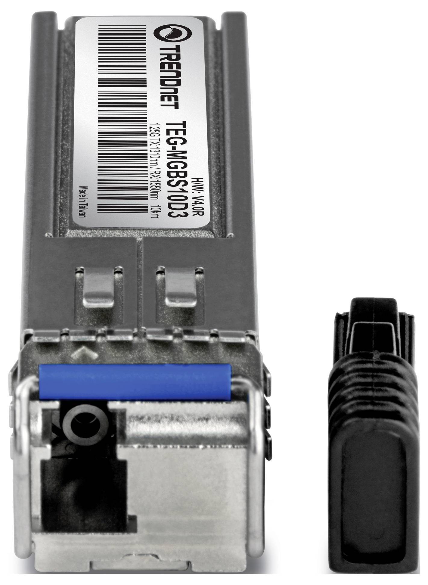 SFP-Modul mit der Bezeichnung 'TRENDnet TEG-MGBS10D3', das eine kompakte, rechteckige elektronische Komponente mit blauem Verriegelungsmechanismus und Anschlussport zeigt.