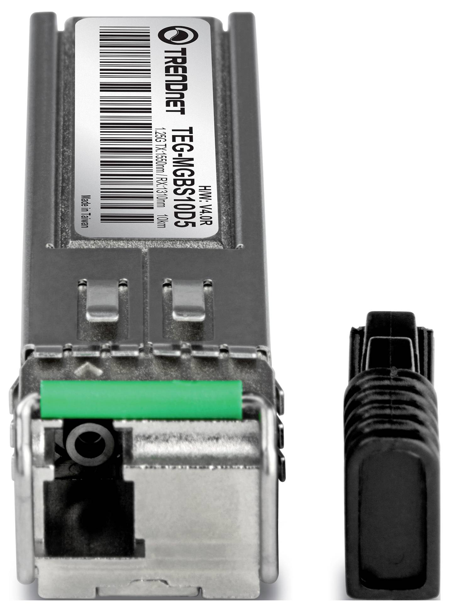 Ein TRENDnet TEG-MGBS10 SFP-Modul, mit Frontansicht des Anschlussports und der angrenzenden Schutzkappe für Glasfaternetzwerke.