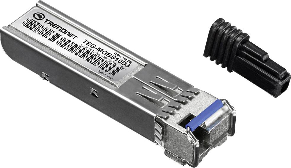 'SFP-Transceiver-Modul mit schwarzer Staubkappe, gekennzeichnet als TEC-MGBS10D3, von TRENDnet. Entwickelt für Netzwerk- und Glasfaserverbindungen.'