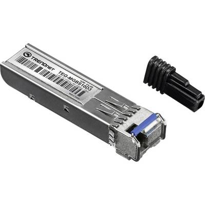 'SFP-Transceiver-Modul mit schwarzer Staubkappe, gekennzeichnet als TEC-MGBS10D3, von TRENDnet. Entwickelt für Netzwerk- und Glasfaserverbindungen.'