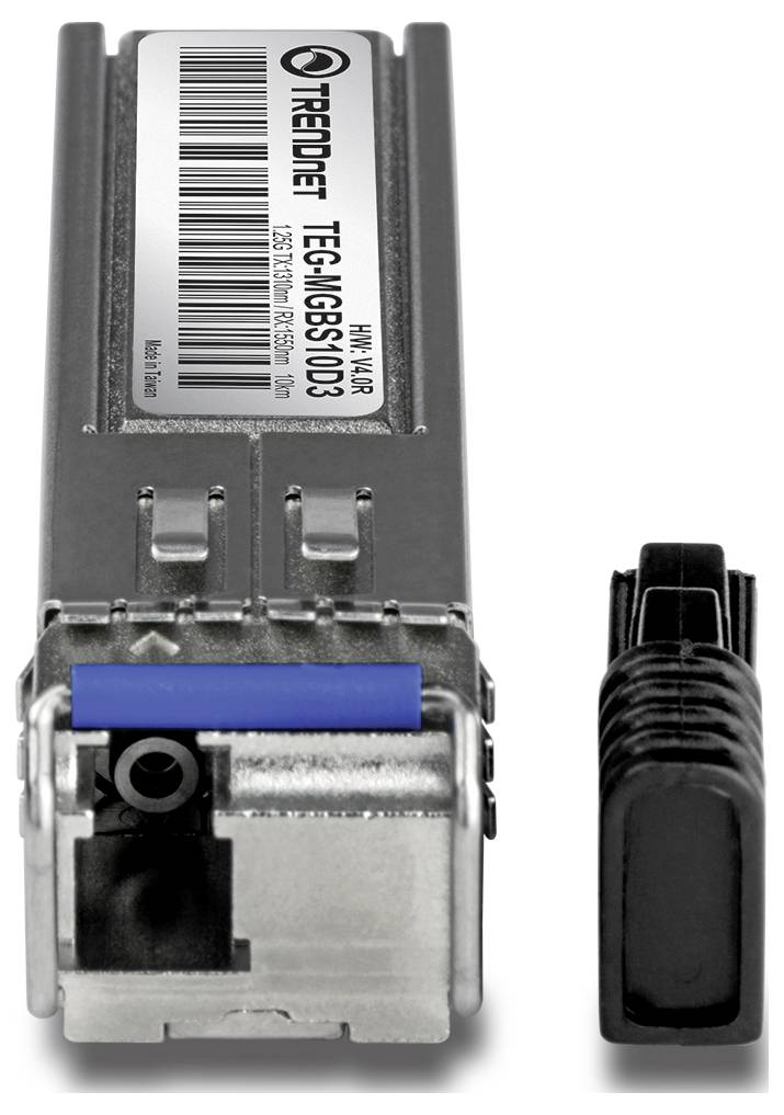 Ein TRENDnet SFP-Modul mit der Bezeichnung 'TEG-MGBS10D3', dargestellt in Vorder- und Seitenansicht.