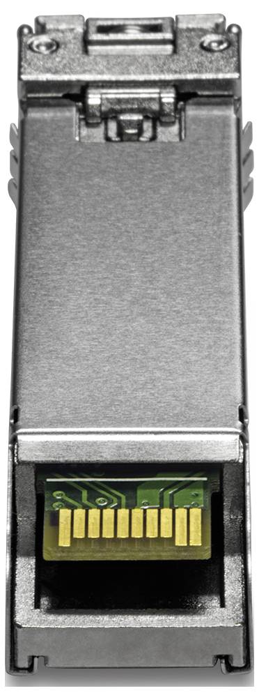 Ein Metall-SFP-Modul mit sichtbaren Kontaktstiften und einem Clip oben, das für die Netzwerkverbindung in Routern oder Switches verwendet wird.