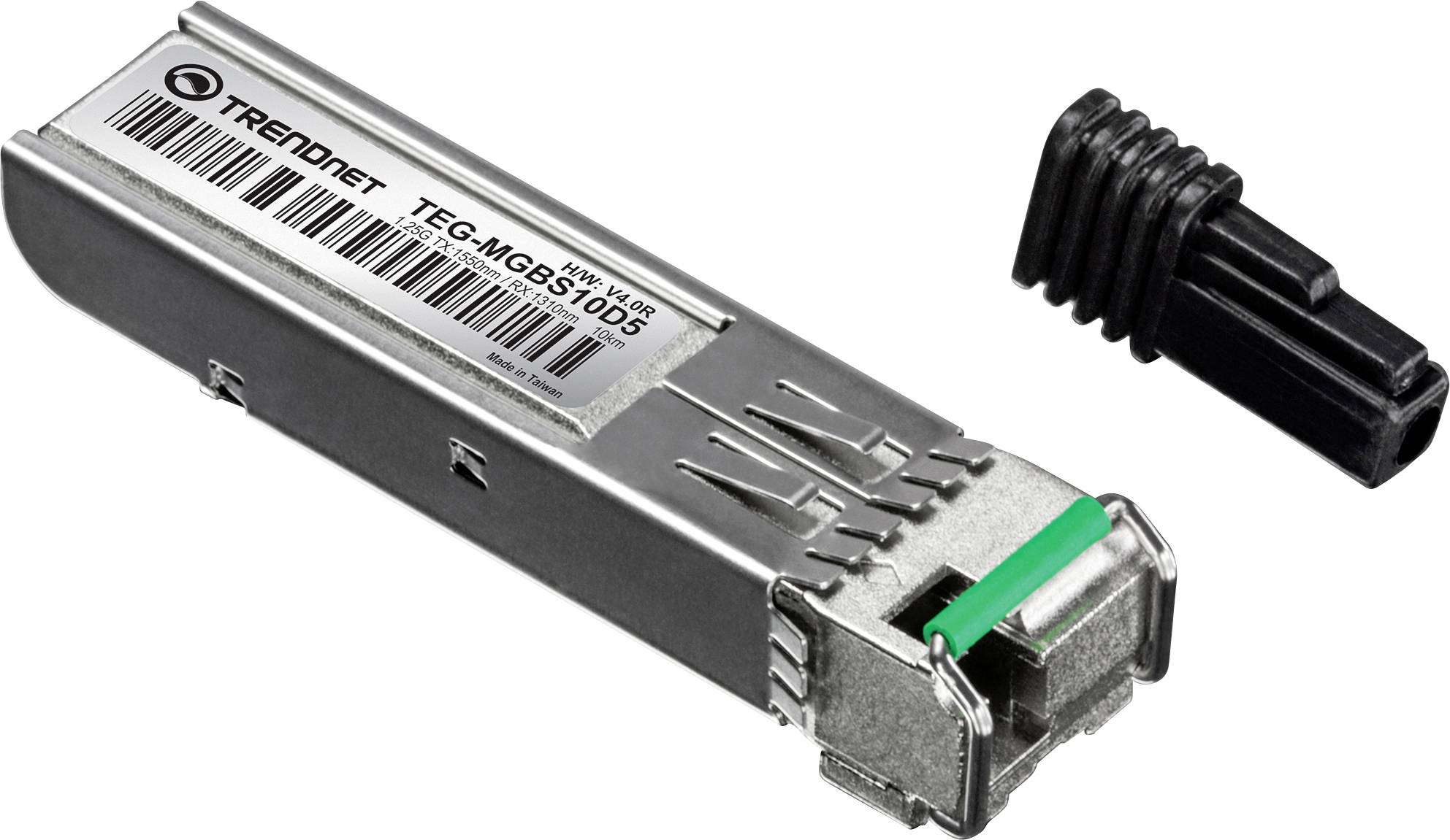 Ein TRENDnet TEG-MGBS10D5-Modul mit einem grünen Tab und einer schwarzen Schutzkappe, verwendet für Datennetzwerke, hauptsächlich bei Glasfaserverbindungen.