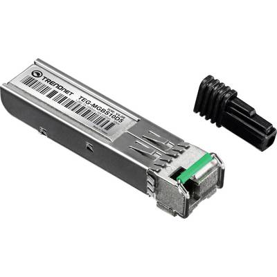 Ein TRENDnet TEG-MGBS10D5-Modul mit einem grünen Tab und einer schwarzen Schutzkappe, verwendet für Datennetzwerke, hauptsächlich bei Glasfaserverbindungen.