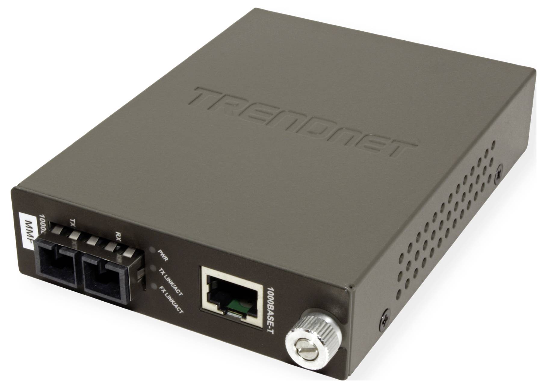 Ein TRENDnet Ethernet-Glasfaserkonverter mit mehreren Anschlüssen, einschließlich Glasfaser- und Ethernet-Verbindungen, entwickelt für Netzwerkanbindung.
