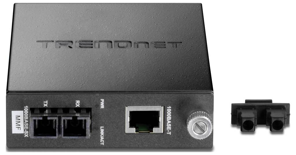 Ein schwarzer TRENDnet Netzwerk-Medienkonverter mit Anschlüssen, die als '1000BASE-SX' für Glasfaserverbindungen und '1000BASE-T' für Ethernet beschriftet sind.