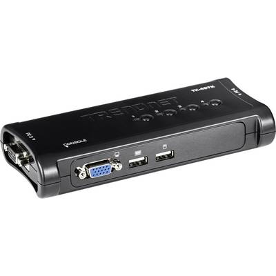 Ein schwarzer KVM-Switch mit VGA-, USB- und Konsolenanschlüssen, beschriftet mit "TRENDnet". Er wechselt zwischen Geräten mithilfe von Tasten am Gerät.