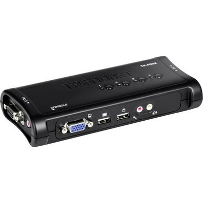 Ein KVM-Switch mit mehreren Anschlüssen, einschließlich VGA-, USB- und Audioverbindungen, mit der Bezeichnung ‚TRENDnet TK-409K'.