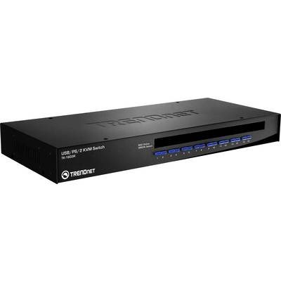 Ein schwarzer TRENDnet USB PS/2 KVM-Switch mit Frontplatte und Anschlüssen zum Verbinden mehrerer Geräte. Modell TK-1603R.