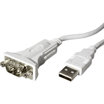 Ein weißer USB-zu-Seriell-Adapter mit einem USB-Anschluss an einem Ende und einem 9-poligen seriellen Anschluss am anderen Ende, der zum Anschließen von Geräten verwendet wird.