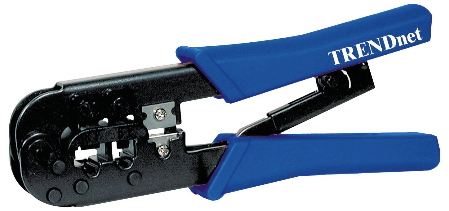 Ein blau-griff Netzwerkkabel-Crimpwerkzeug zum Verbinden von Ethernet-Kabeln; es trägt den Markennamen 'TRENDnet'.